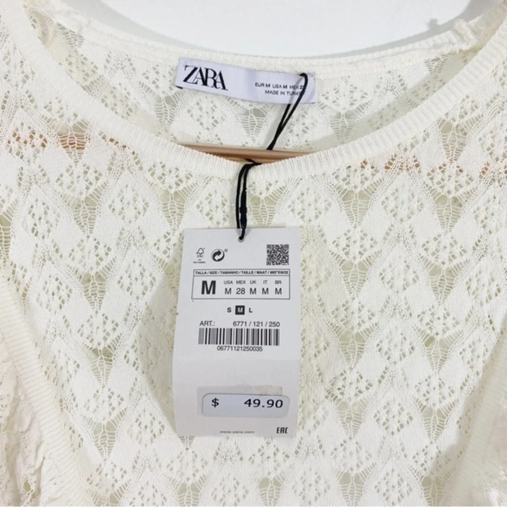 Zara NWT Medium White Pointelle‎ Knit Long Sleeve Mini Dress Ruffles